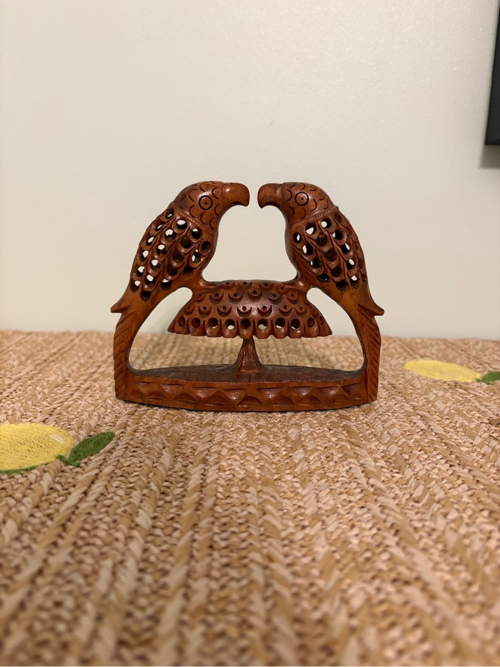 Vintage Hand Carved Wood Birds Figurine India Openwork Jali Sculpture Boho Decor